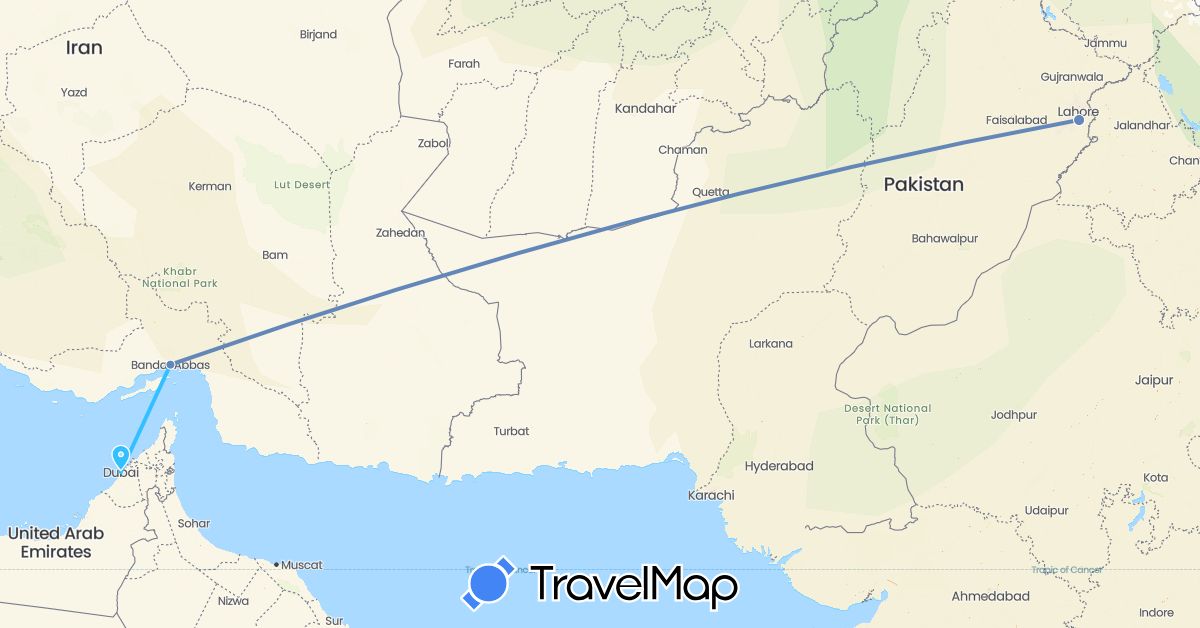 TravelMap itinerary: driving, cycling, boat in United Arab Emirates, Iran, Pakistan (Asia)